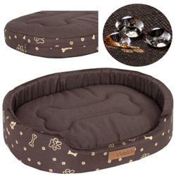 Owalne legowisko kojec dla psa Welsti brązowy złote kości i łapki XXL 100x80 wigofil